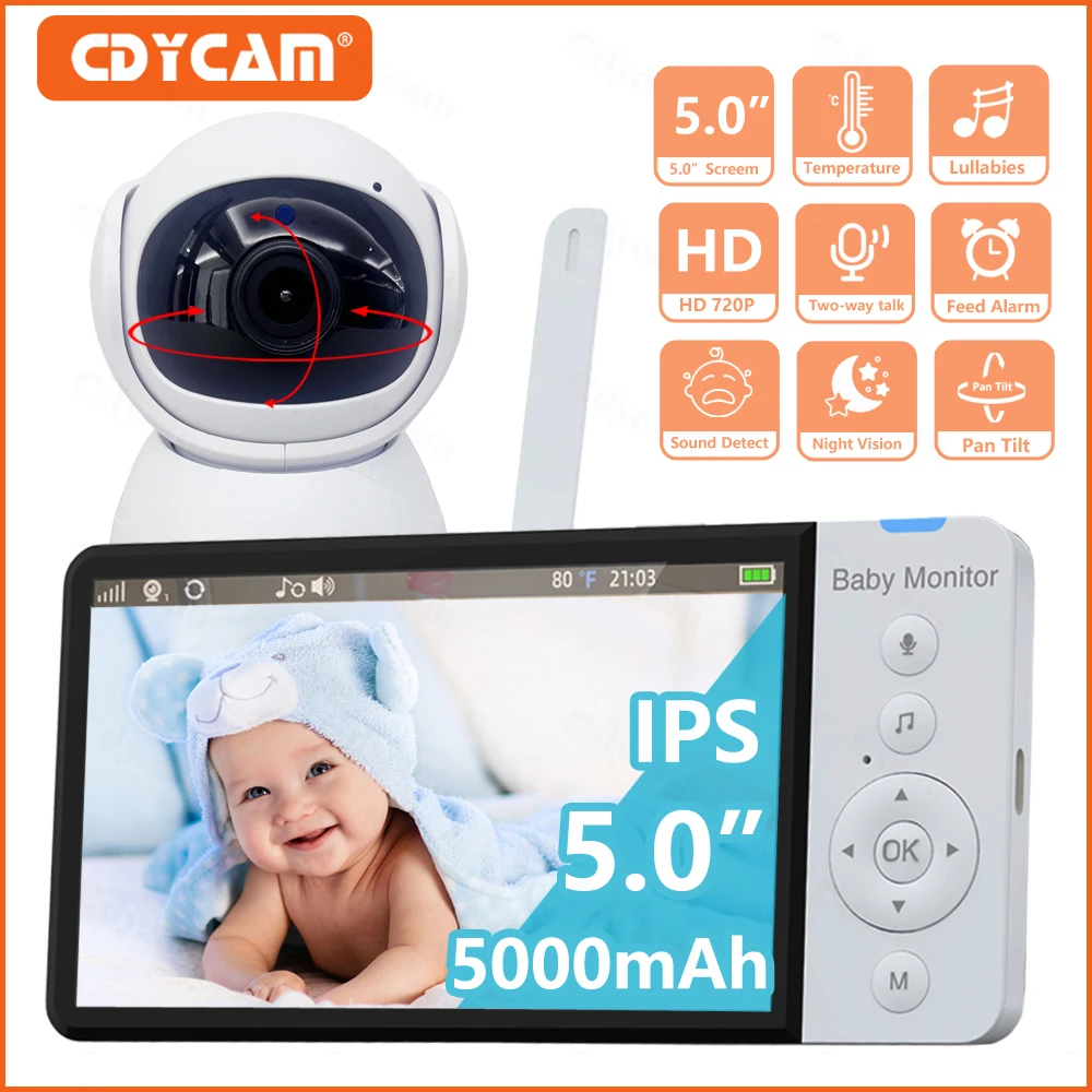 

5.0 Inch IPS Screen Wireless Video Baby Monitor With 5000mAh Battery Nanny PTZ Camera 2-way Audio VOX Lullaby SD TF Card Record