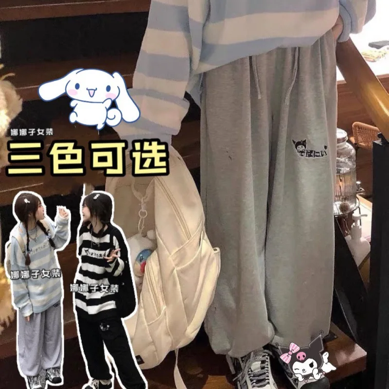 Kawaii Sanrio-pantalones de chándal holgados para mujer, pantalón de chándal informal con estampado de dibujos animados, Anime, Hellokittys, talla S-2Xl, para Otoño e Invierno