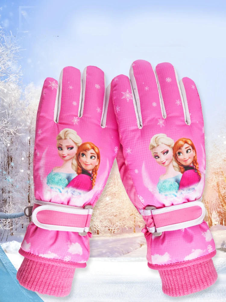Children's ski gloves, girls' five fingers waterproof and warm outdoor snow playing, students' cycling gloves, cute Frozen