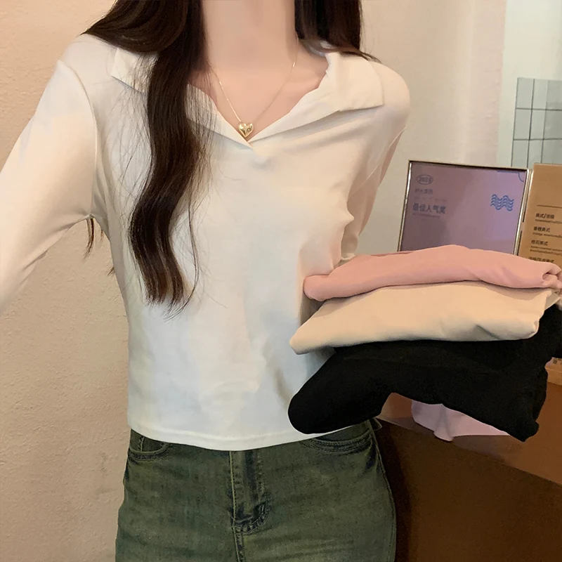 

Футболка женская хлопковая с отложным воротником, укороченный Топ с длинным рукавом, рубашка в Корейском стиле, весна-осень