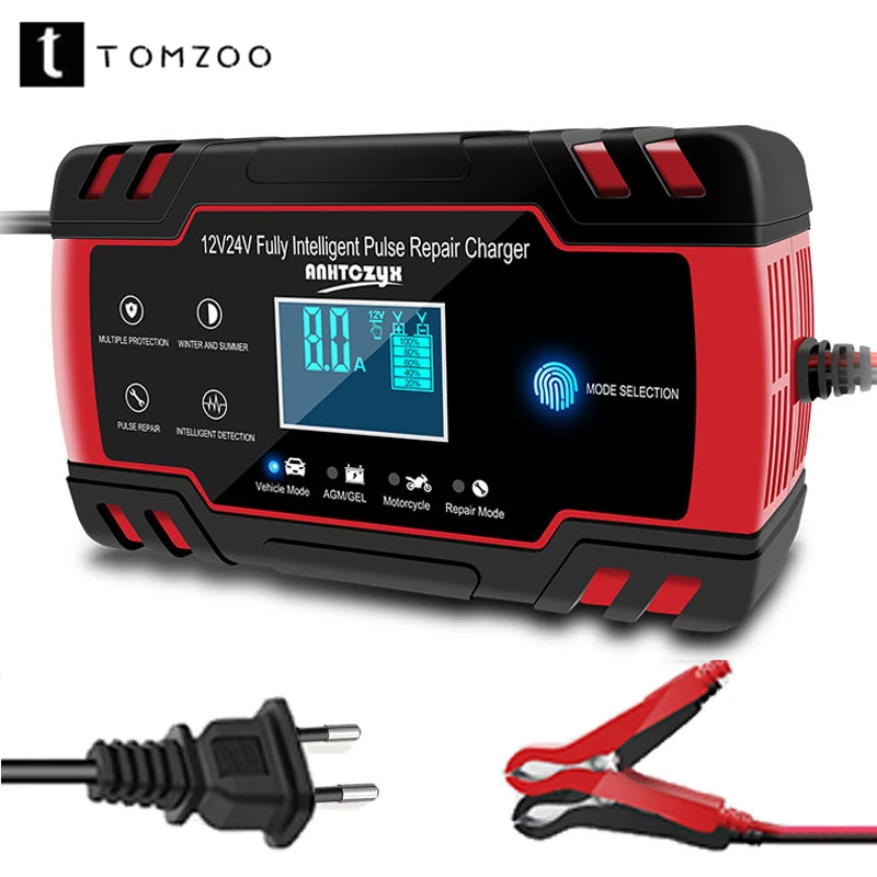 Car Battery Charger 12/24V 8A Pulse Repair Smart Fast Charge AGM Deep cycle GEL Lead-Acid Charger Full Automatic LCD Display
