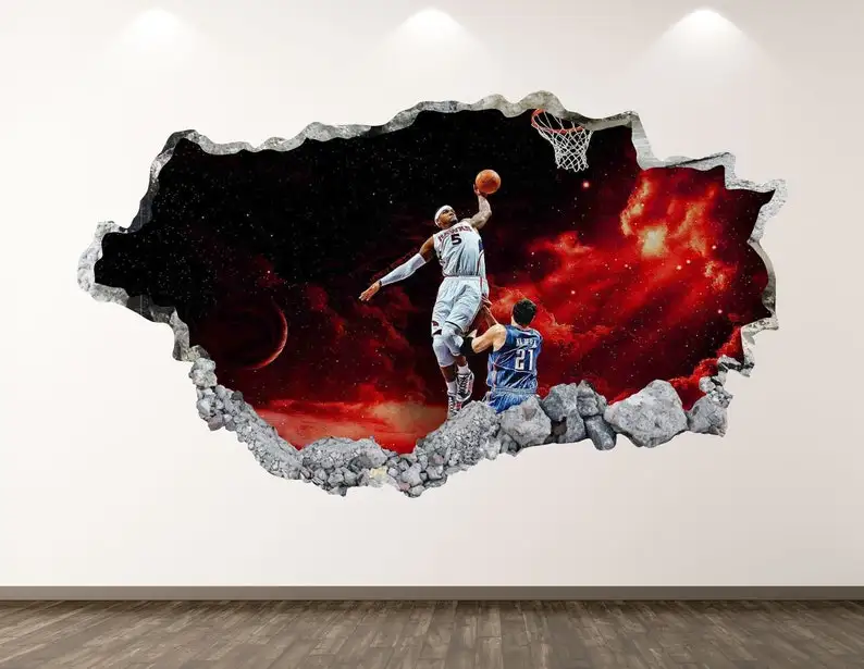 

Basketball Wall Decal - Sport Players 3D Smashed Wall Art Sticker Kids Room Decor Vinyl Home Poster Custom Gift KD342