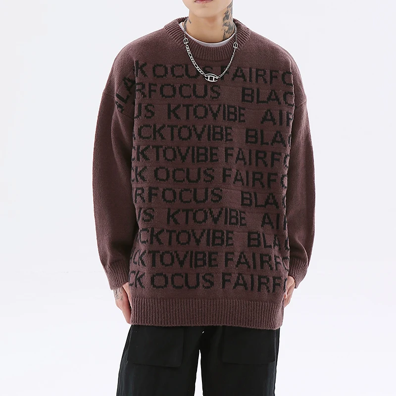 

Retro Full Letter Knitted O Neck Thick Autumn Winter Sweaters for Men and Women Harajuku Hip Hop Oversized Pullover Sweater
