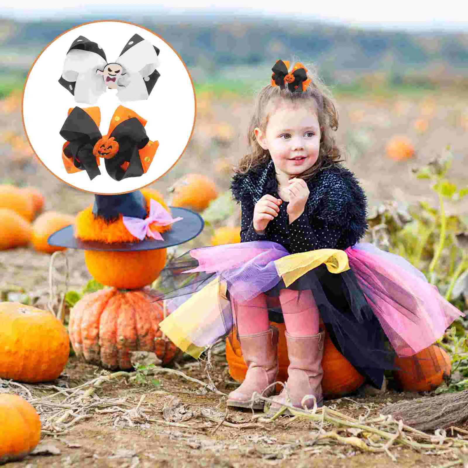 

2 Pcs Hairpin Kids Accessories Girls Pumpkin Clip Witch Barrettes Halloween Double Layer Bat Ribbon Child Bow