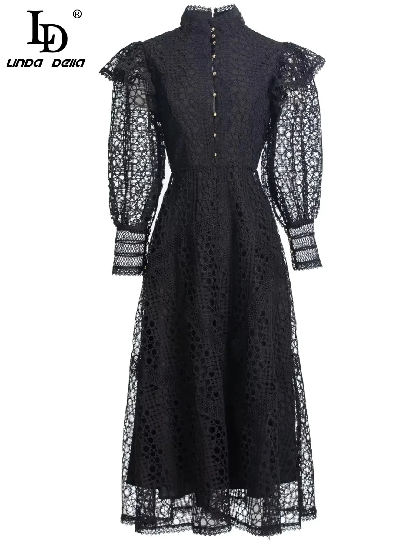 LD LINDA DELLA Runway Designer Autumn Party Dress Women's Stand collar Lantern sleeve Hollow out High waist Black Party Dress