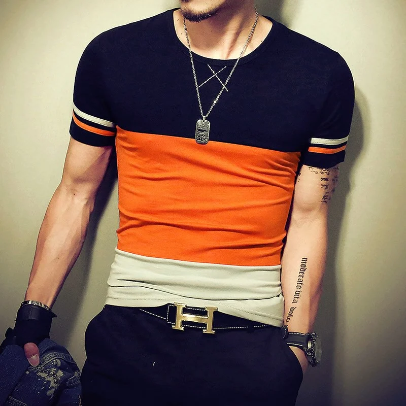 Summer Fashion Men's T Shirt Casual Patchwork Short Sleeve T Shirt Mens Clothing Trend Casual Slim Fit Hip-Hop Top Tees 5XL