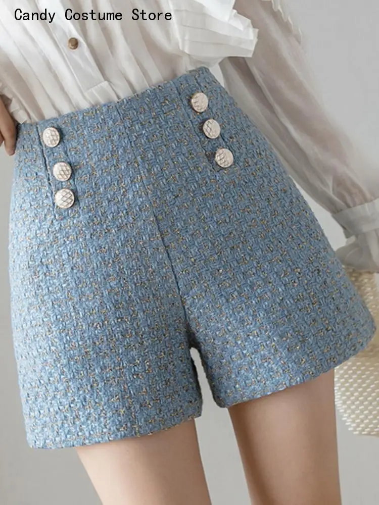 Female Fashion Black Shorts New Spring Autumn Double Breasted Shorts Women Tweed Shorts Retro High Waist