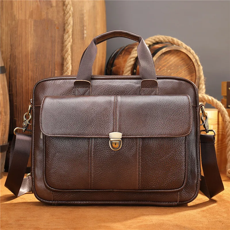 Business casual genuine leather men's briefcase vintage luxury soft real cowhide anti-theft handbag work laptop messenger bag