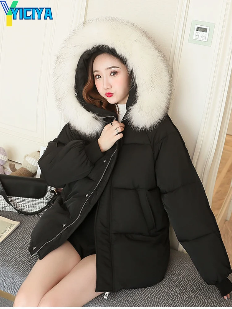 YICIYA Winter Jackets 2023 Woman Hooded Fur Collar Casual Loose Solid Office Lady Zipper Cotton-padded Jacket Female Parkas Coat