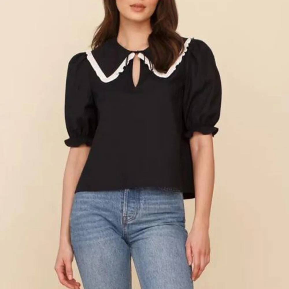 

Shirt Elegant Button Lantern Sleeve Short Sleeve Summer Vacation Casual Black Shirt Fashion Solid Color Doll Neck Women's Top