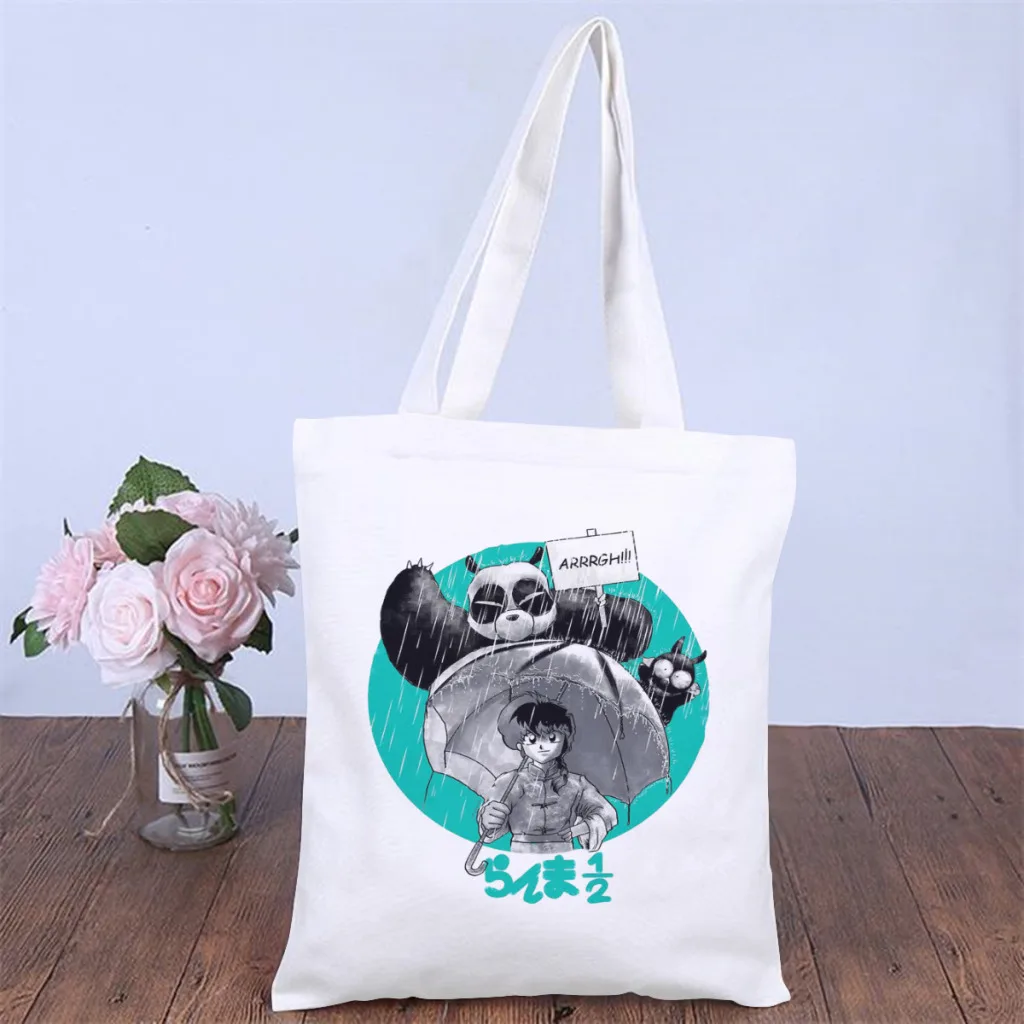 

RainHandbag Ranma12 Amine Shoulder Canvas Bag Girl Boy Storage Pocket Double Print Fitness Shopper HandBags Large Pouch Tote Bag