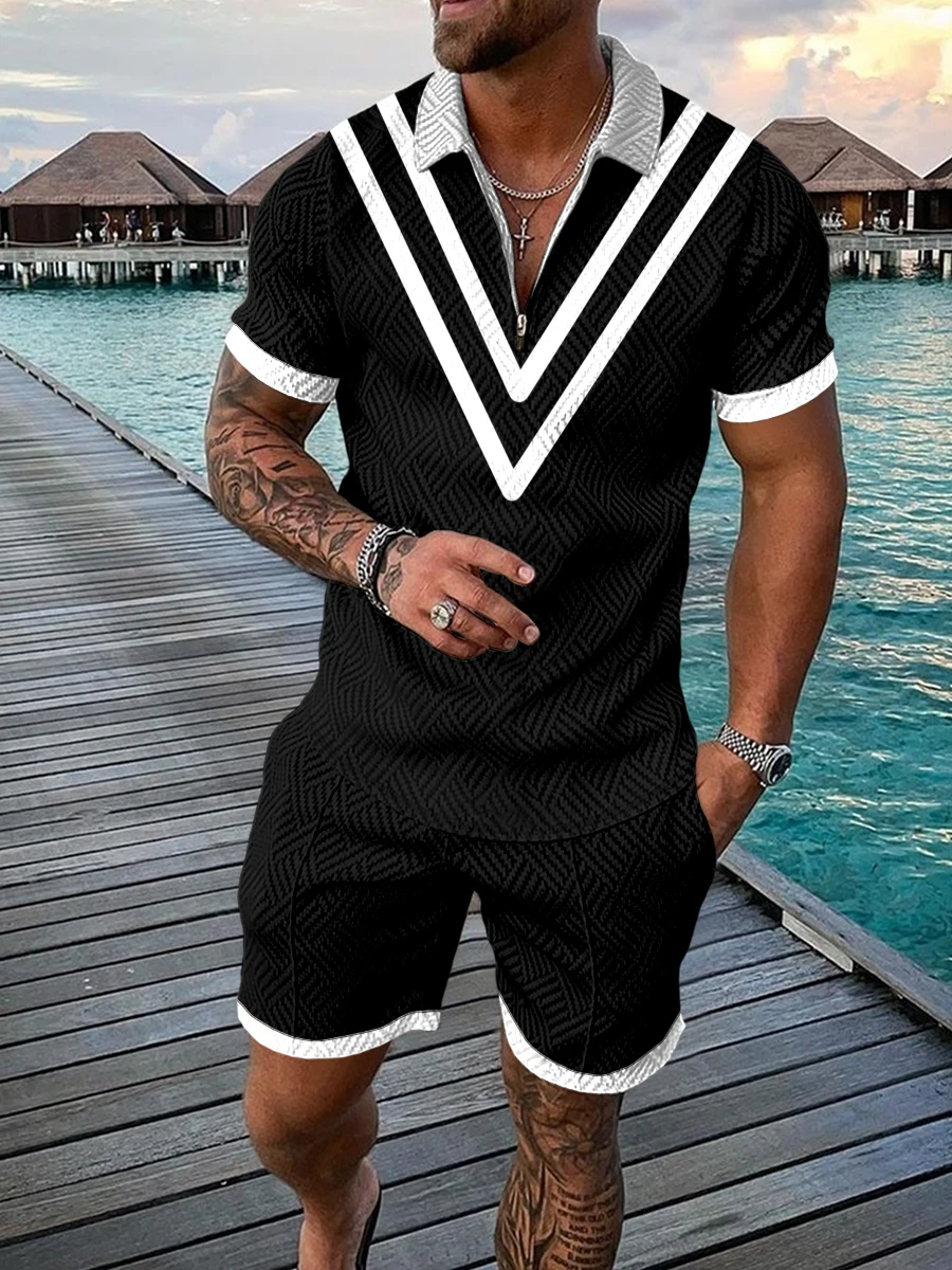 Men's Summer Tracksuit V-Pattern Series Short Sleeve Zipper Polo Shirt&Shorts Sets For Men Casual High Quality Streetwear Suit