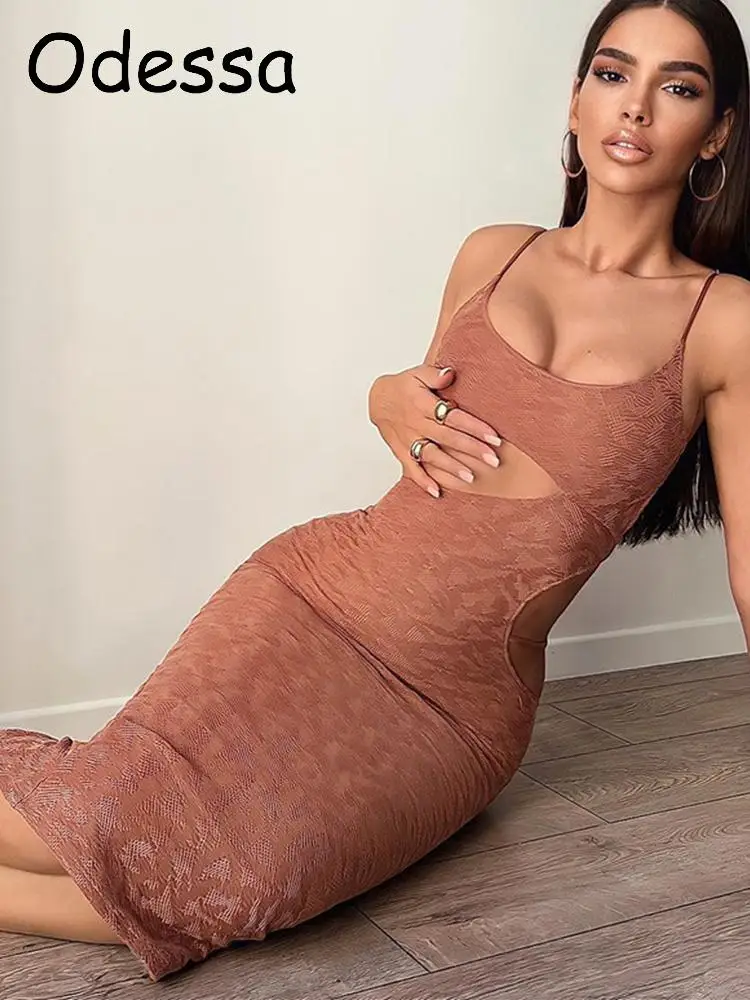 

Odessa 2022 Hollow Out Bodycon Women Dress Sexy Sleeveless Spaghetti Strap Backless A-line Pleated Party Midi Dresses For Summer
