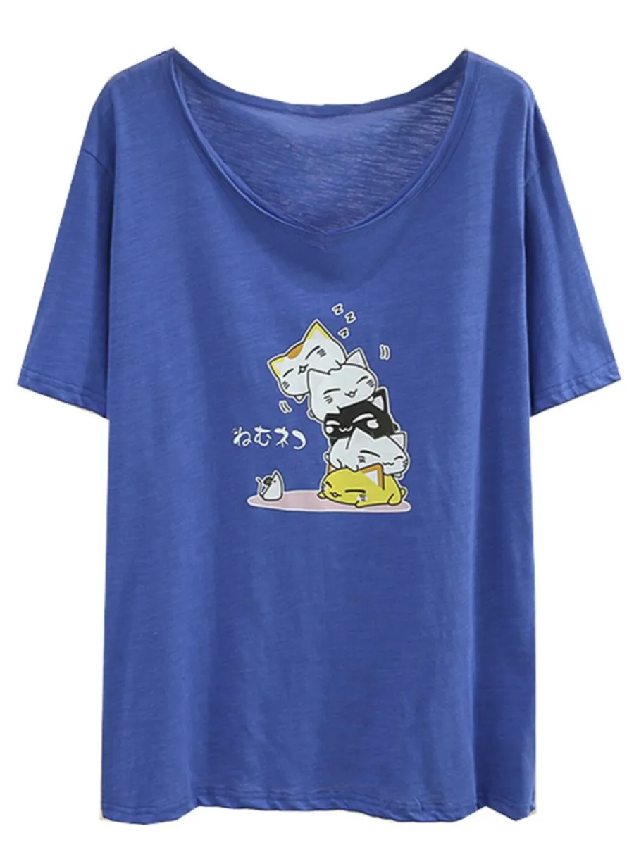 

Women's Plus Size T-Shirt Slub Cotton Offset Printed Cat Tee 2022 Summer Casual Short Sleeve V-Neck Tops