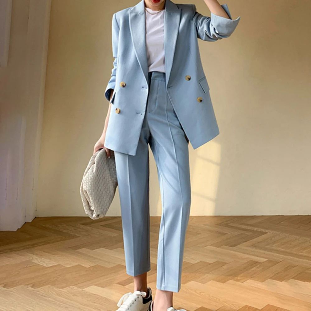 New Korean Fashion Women Blazer Pantsuit Casual Solid Elegant Blazer Jacket Straight Pants 2 Pieces Female Vintage Trousers Suit