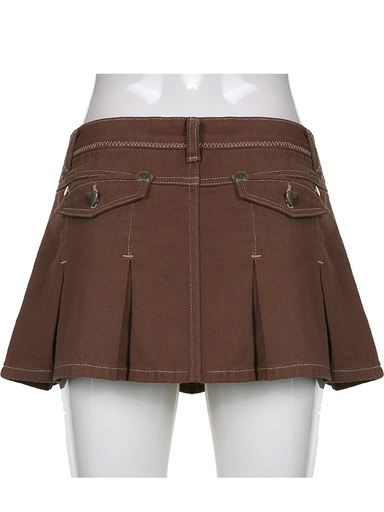 Retro Pleated Mini Denim Skirt Women High Waist A Line Brown Micro Skirt Femme Girls Hot Jeans Skirts Grunge Bottom Iamhotty