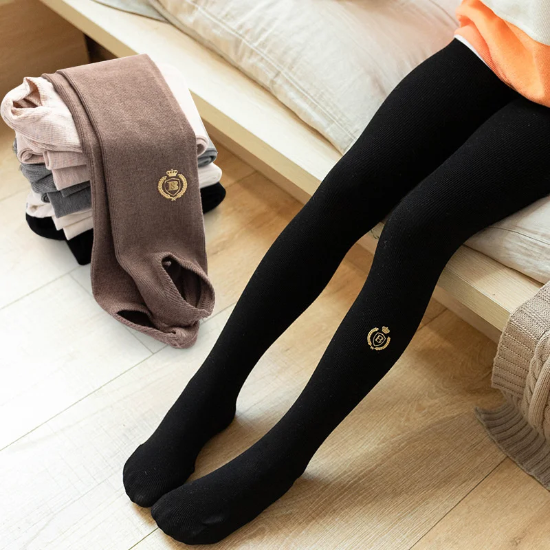 

Children's Leggings Combed Cotton Leggings Anti-pilling Girls Badge Embroidery Trampling Pantyhose Knitted Stockings for 3-14Y
