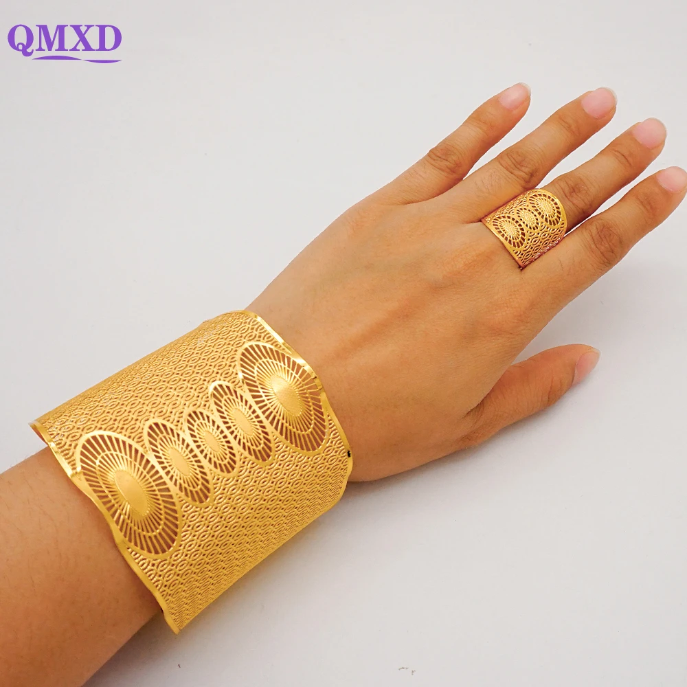

Dubai Gold Color Chain Cuff Bangle & Ring For Women Indian Moroccan Big Bracelet Arabic African Wedding Gifts
