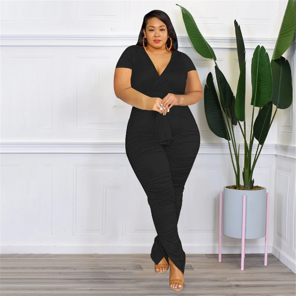 Plus Size Two Piece Outfits Women Clothing Summer Bandage Top Stacked Leggings Matching Set New Wholes 3xl 4xl 5xl 6xl