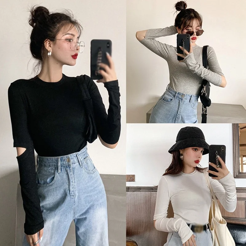 

Women Fashion T-Shirts Tops Crewneck Casual Long Sleeve Solid Color Tunic Hollow Out Blouse Tops