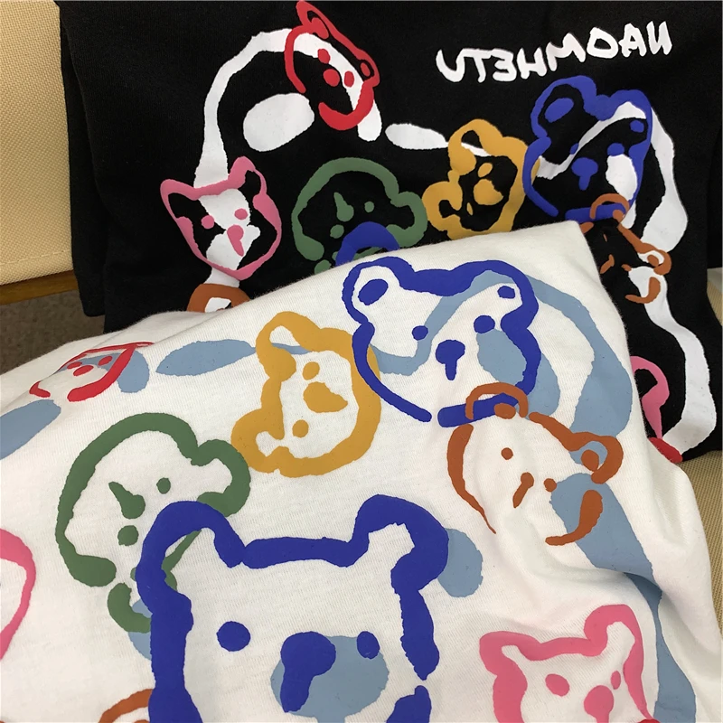 Футболка женская с коротким рукавом милая Свободная рубашка принтом медведя в