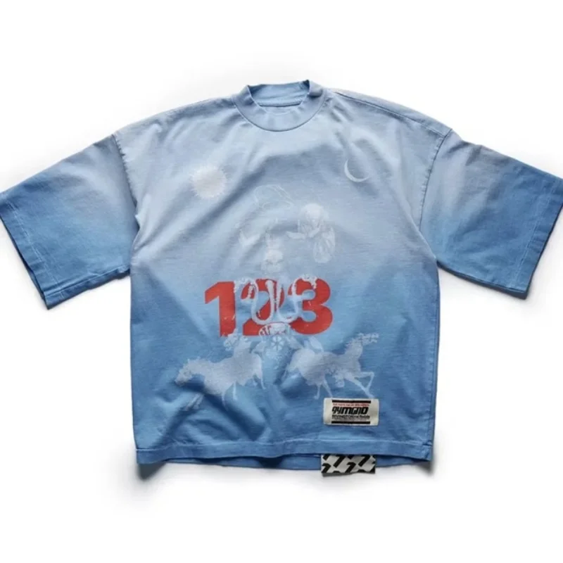 Голубая потертая футболка RRR123 модная с принтом граффити и надписью винтажные