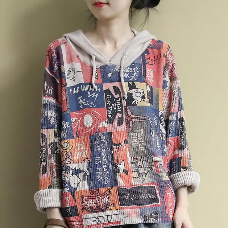 

Женский модный джемпер в стиле Харадзюку, шерстяная одежда больших размеров, женский осенний свитер с мультяшным принтом, свитеры с длинным рукавом и капюшоном, топы