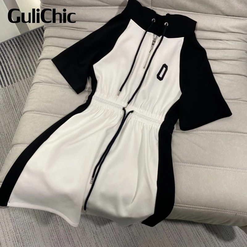 

5.19 GuliChic Women Summer New Fashion Letter Contrast Color Zipper Drawstring Collect Waist Half Sleeve Hooded Dress