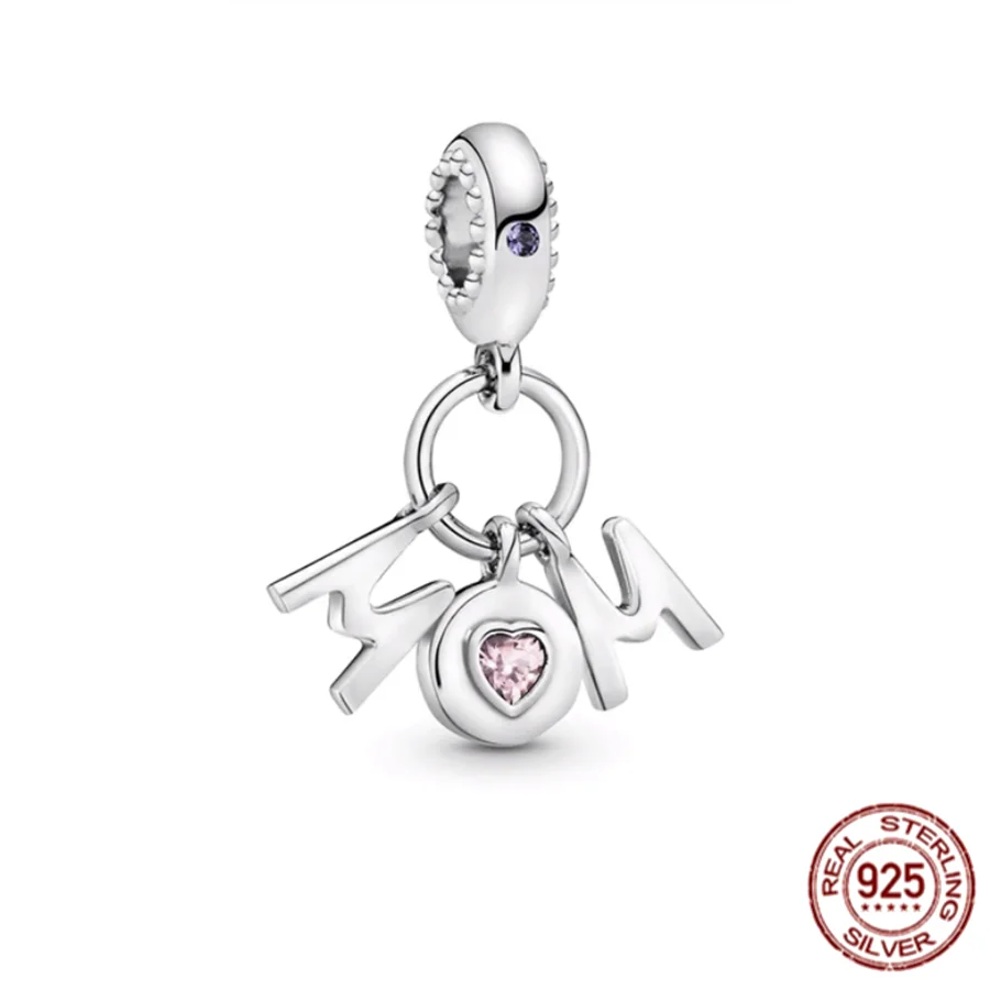 925 Sterling Silver Mom Letters Heart Double Dangle Charm Bead Fit Original Pandora Bracelet Fashion Jewelry Gift For Women images - 6