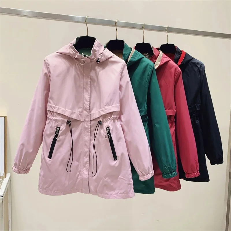 

2023 New Spring Autumn Women's Jacket Double-sided Windbreaker Female Long Sleeve Hooded Jackets Casual Coat Loose Outerwear 4XL