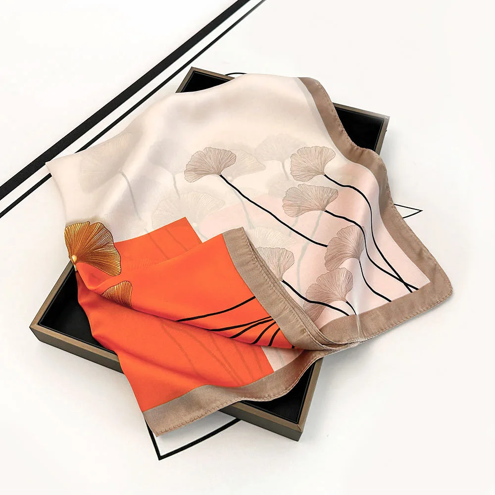 Шелковый Шарф 70 См Для Женщин С Принтом Листьев Гинкго Свежий Геометрический