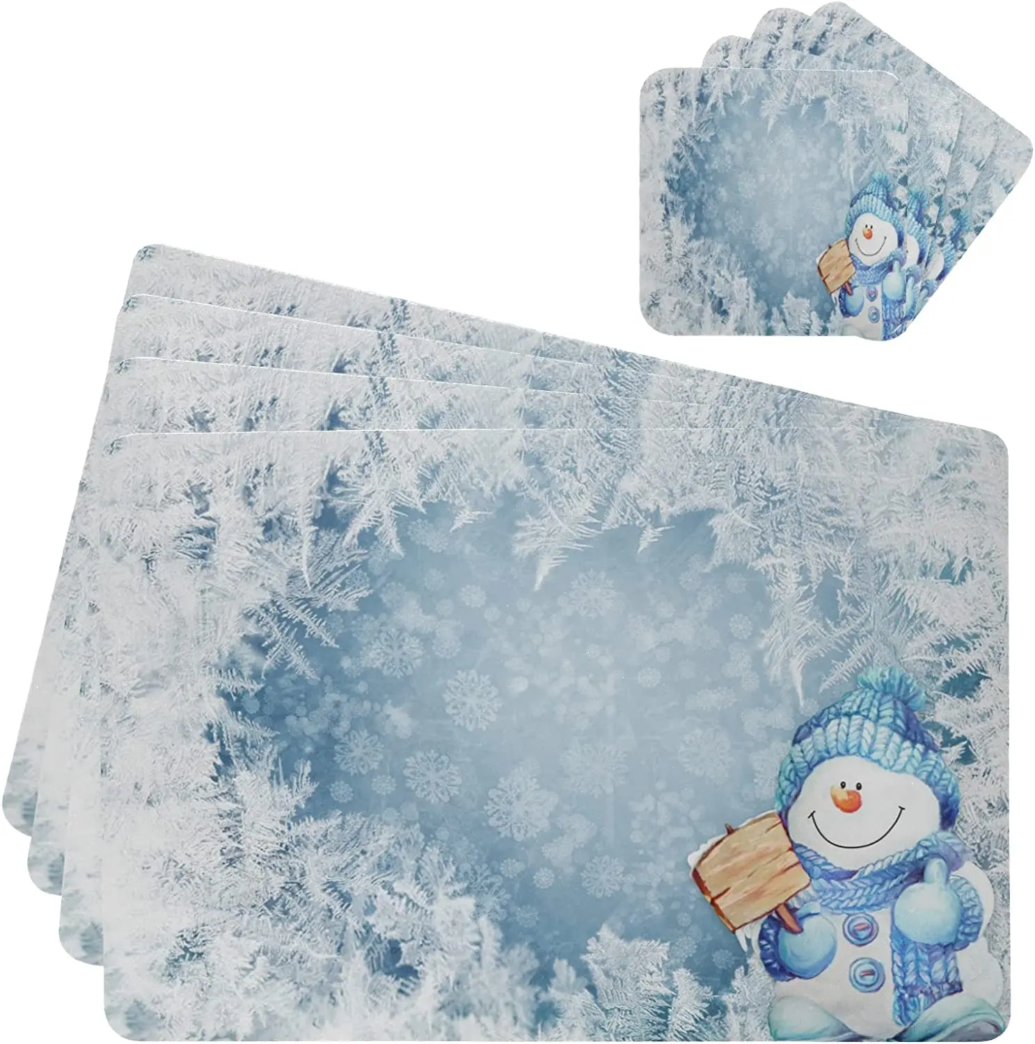 

Blue Snowman Leather Placemats and Coaster Set of 4 Water Proof Non Slip Easy To Clean Table Mat for Parties BBQ Holidays Table