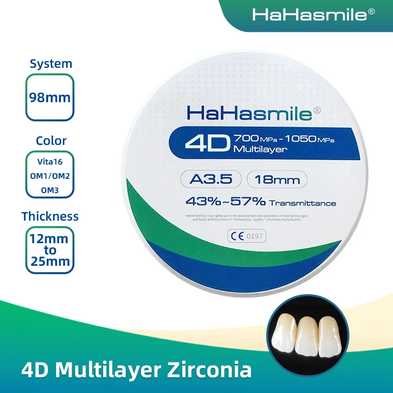 Hahasmile-bloques de Zirconia multicapa para laboratorio Dental, dureza 1250Hv 12mm/14mm/16mm/18mm/20mm/22mm/25mm, 98-a3. 5