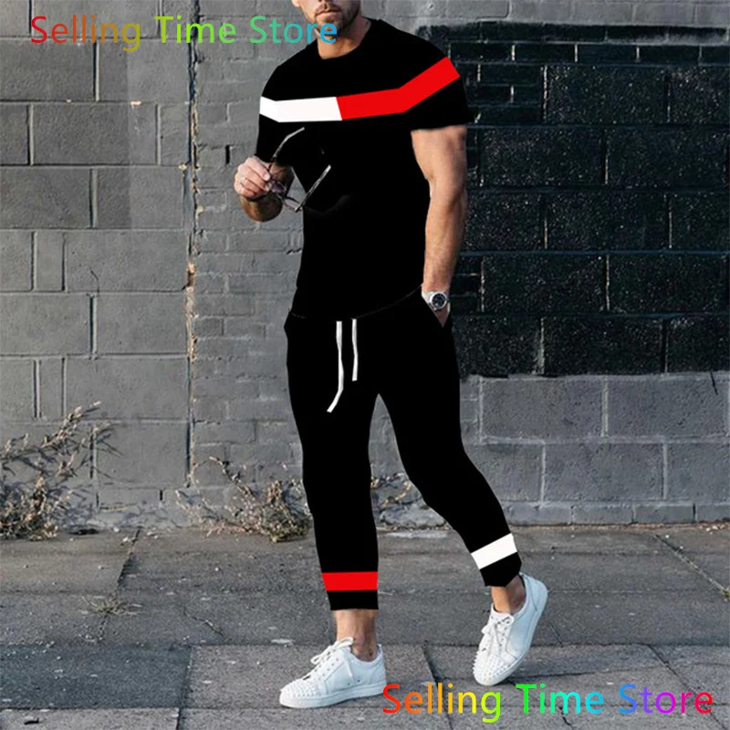 

2023 New Men’s Clothes Tracksuit Set 2 Piece Jogging Suit 3D Print Stripe Summer Fashion Sports Outfits Short T-Shirt+Pants