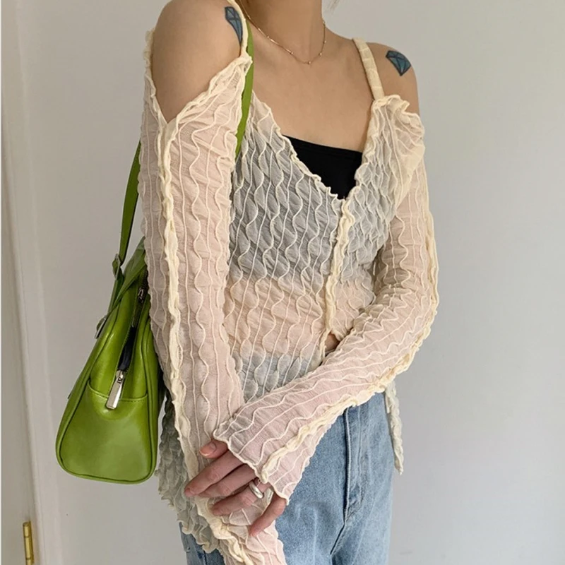 

Женский укороченный топ, Винтажная футболка, корейский топ с оборками, повседневный винтажный топ с открытыми плечами, прозрачная вязаная ф...