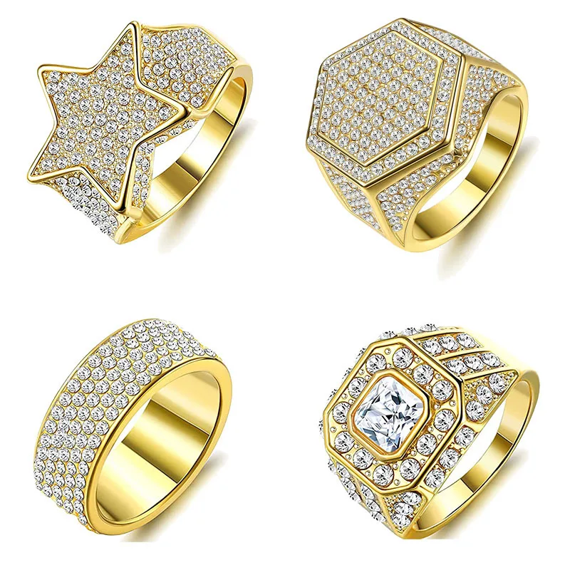 

Fashion men's ring full of diamonds luxury polygon ring men's shiny hip-hop five-pointed star ring factory direct sales