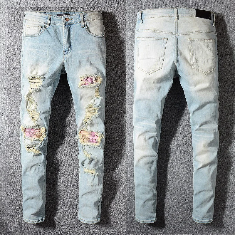 

Ripped Mens Light Blue Streetwear Hip Hop Fashion Skinny Damaged Patched Holes Slim Fit Stretch Distressed Destroyed Denim Jeans