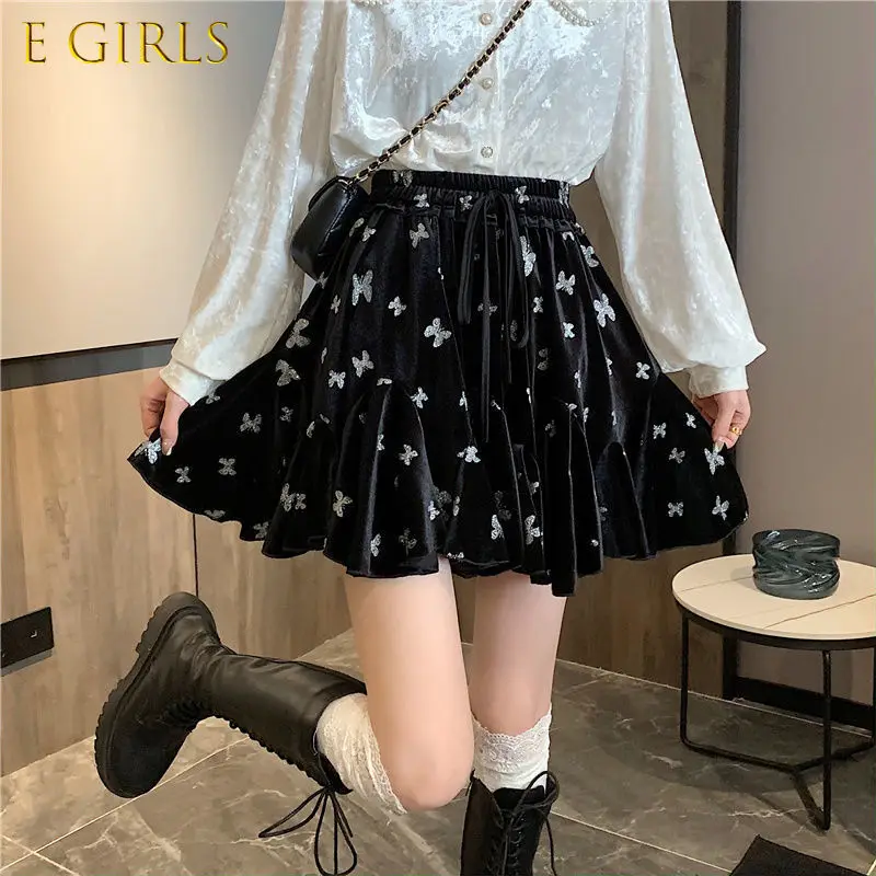 E GIRLS Winter Black Velvet Pleated Skirts Women Print Gothic Style Chic Skirt Female Korean Y2K Fashion Party Mini Skirt 2022