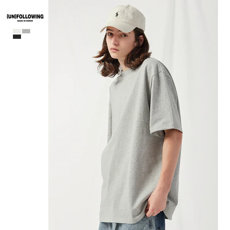 

High Quality 390g Double Yarn 100% Cotton Summer Women's Short Sleeve T-Shirt Thickened Bottoming Round Neck Fashion Simple Grey
