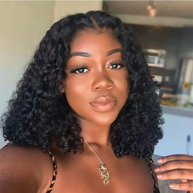 Human Hair Short Bob Wigs 4x4 Lace Closure Wigs Brazilian Curly Lace Front Wigs14 Inch Deep Curly for Black Women 180%Density 1B