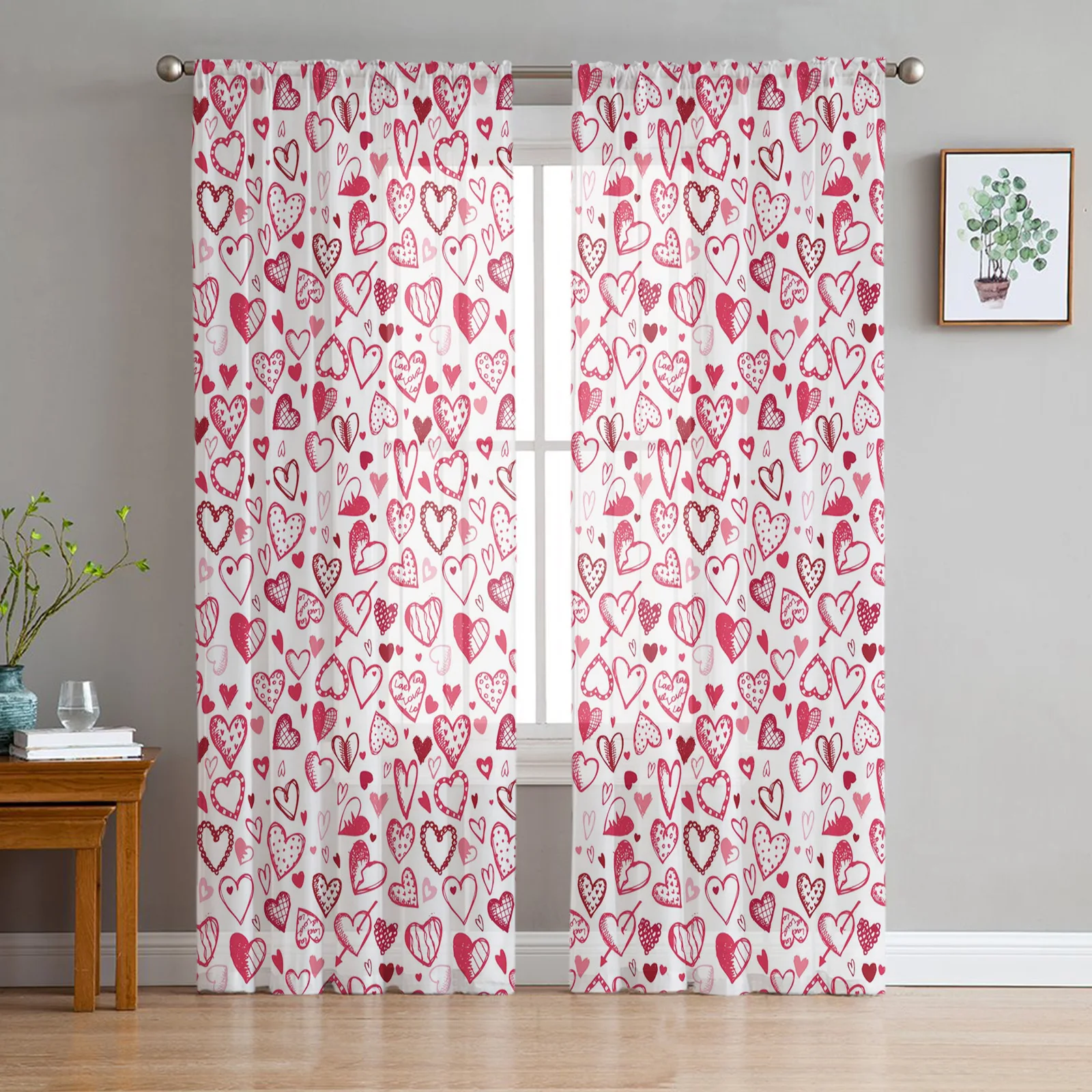 

Love Heart Pink Tulle Curtains for Bedroom Balcony Home Decor Sheer Curtain for Kitchen Living Room Windows Printed Drapes