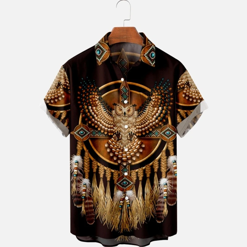 Men's fashion shirt, comfortable single-button casual short sleeve, Hawaiian Indian 3D printing, large beach short sleeve loose