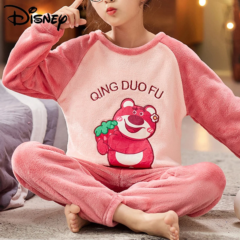

Disney Lotso Cute Plush Home Clothes Y2k Girls Pajamas Suit Flannel Pullover Trousers 2 Piece Set Soft Children Warm Sleepwear
