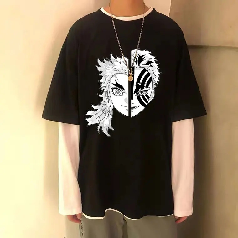 

Japanese Anime Streetwear Male Tops Demon Slayer Tshirt Rengoku Akaza Print T-shirts Men Women Harajuku Oversized Manga T-shirt