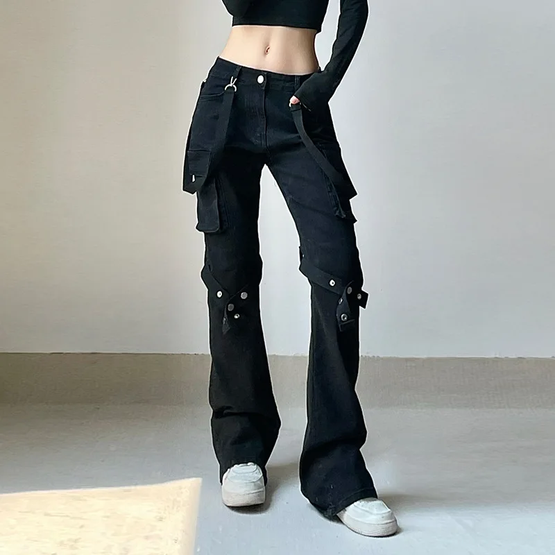 

Gothic Y2K Aesthetic Pants Women Streetwear Cyber Metal Ring Punk Rock Singer Trousers Hipper Women Slim Harajuku Black Pant