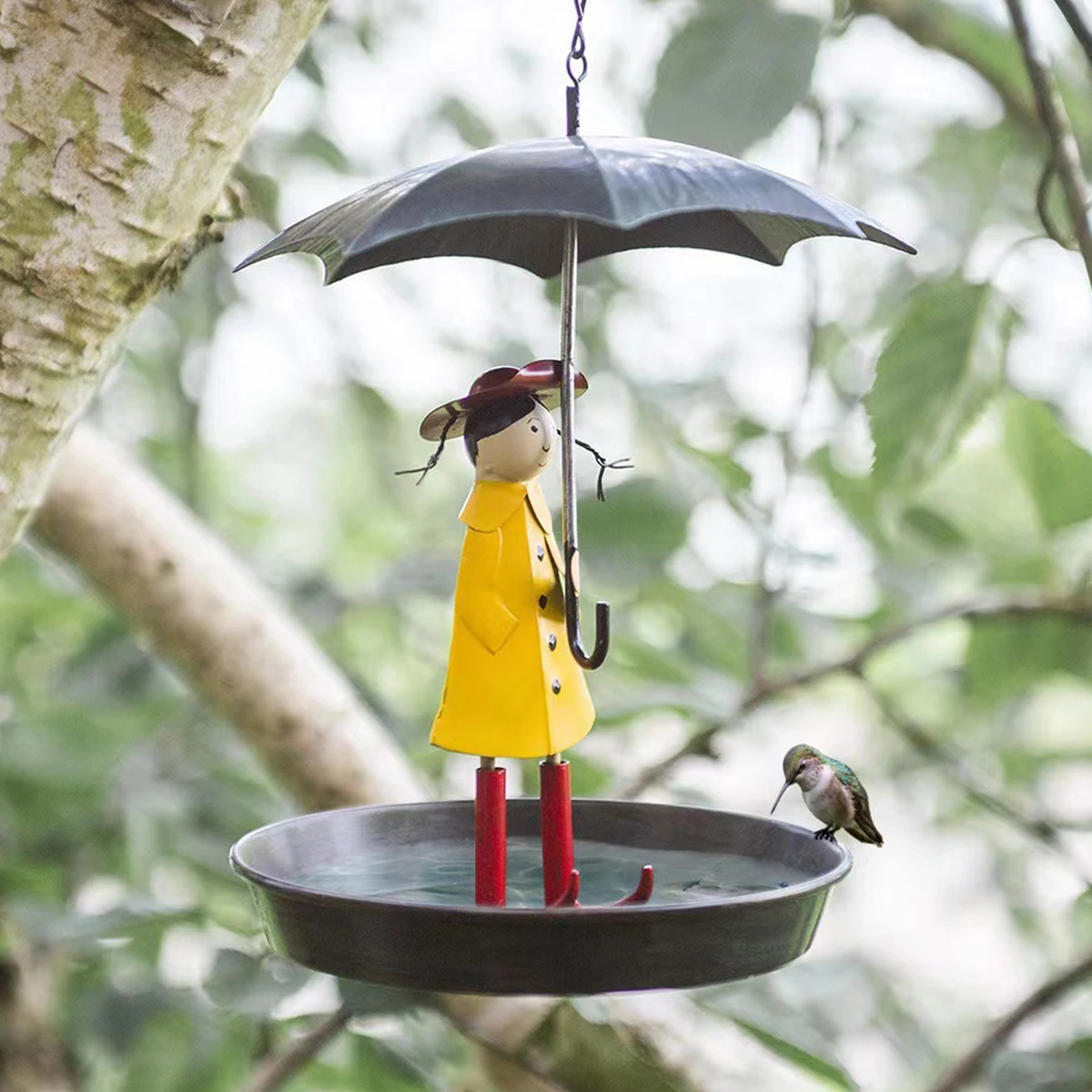 

Girl and Umbrella Metal Wild Bird Feeder with Hanging Chain Outdoors Hanging Waterproof Seed Feeder Garden Decoration Bird