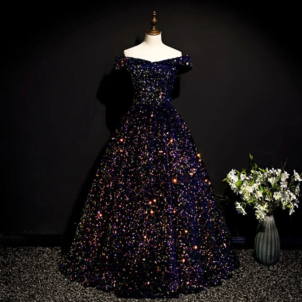 

Элегантное темно-синее стандартное бальное платье, вечерние платья с открытыми плечами, платье принцессы длиной в Пол