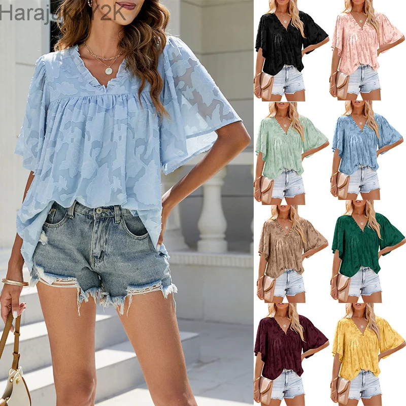 

2022 Flower Hollow Chiffon Trumpet Sleeve Ladies Top Fashion Casual Loose V-neck Short-sleeved Solid Color Doll Shirt for Women