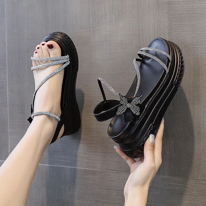 Bow Deco Rhinestones Design 7cm Platform Women Sandals Genuine Leather Women Hook&loop Slippers Ladies Wedge Chunky Shoes