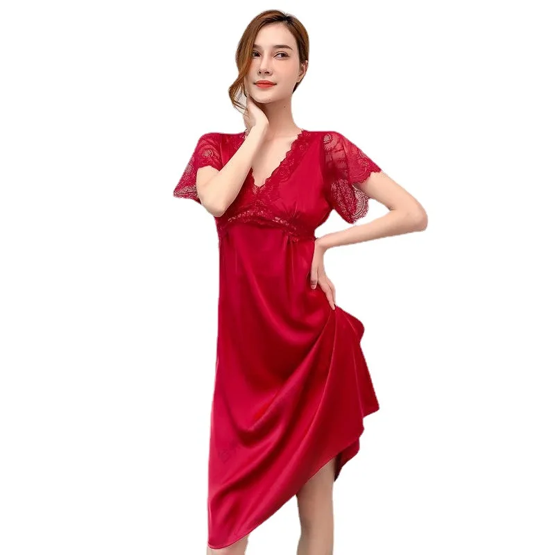 Silk Pajamas for Women Nightgown Sexy Lace Short-sleeved Mid-length with Chest Pad Nightdress Nightgowns Women Sleepwear Pijamas